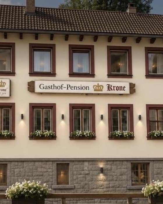 Ansicht des Hauses nach der Renovierung: cremefarbene Fassade mit dunkelroten Fensterrahmen, Blumenkästen und dem Schild «Gasthof-Pension Krone»